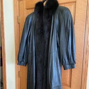 Dress Black Formal Soft Leather Coat with Fox Fur Collar